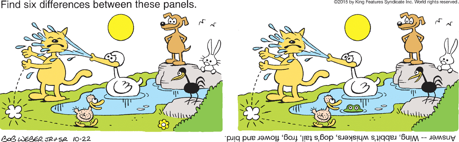 Drawing OCR: Find six differences between these panels. ©2015 by King Features Syndicate Inc. World rights reserved BaB WEBER JRISA 10-22 Answer -- Wingflower and bird. Find six differences between these panels. ©2015 by King Features Syndicate Inc. World rights reserved BaB WEBER JRISA 10-22 Answer -- Wingrabbit's whiskersdog's tailflower and bird.