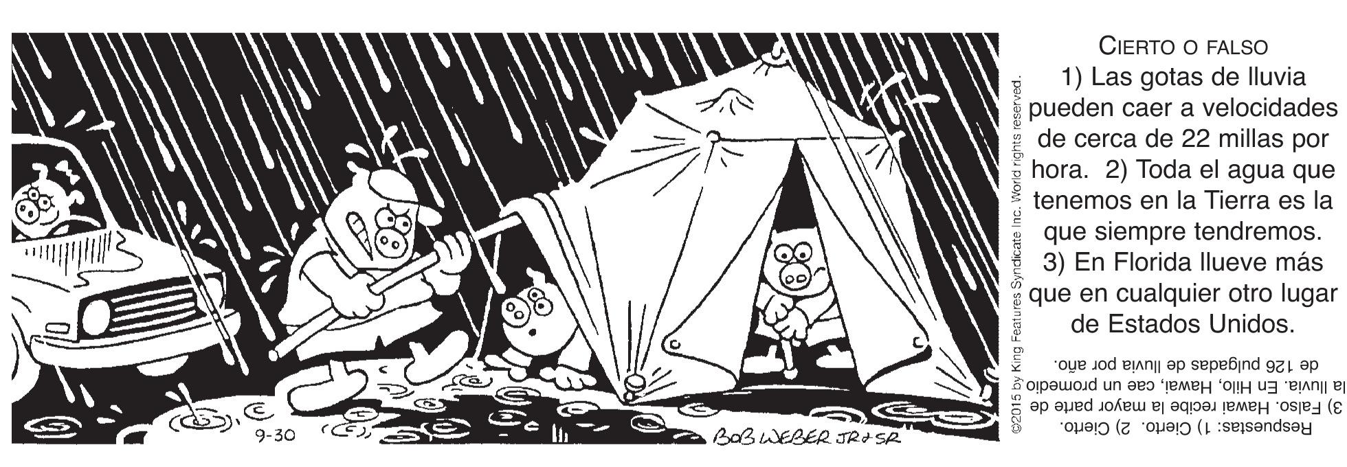 Line OCR: CIERTO O FALSO 1) Las gotas de lluvia pueden caer a velocidades de cerca de 22 millas por hora. 2) Toda el agua que tenemos en la Tierra es la que siempre tendremos. 3) En Florida llueve más que en cualquier otro lugar de Estados Unidos. de 126 pulgadas de lluvia por año. la lluvia. En Hilocae un promedio 3) Falso. Hawai recibe la mayor parte de Respuestas: 1) Cierto. 2) Cierto. 9-30 BOBWEBER JRISR CIERTO O FALSO 1) Las gotas de lluvia pueden caer a velocidades de cerca de 22 millas por hora. 2) Toda el agua que tenemos en la Tierra es la que siempre tendremos. 3) En Florida llueve más que en cualquier otro lugar de Estados Unidos. de 126 pulgadas de lluvia por año. la lluvia. En Hilocae un promedio 3) Falso. Hawai recibe la mayor parte de Respuestas: 1) Cierto. 2) Cierto. 9-30 BOBWEBER JRISR