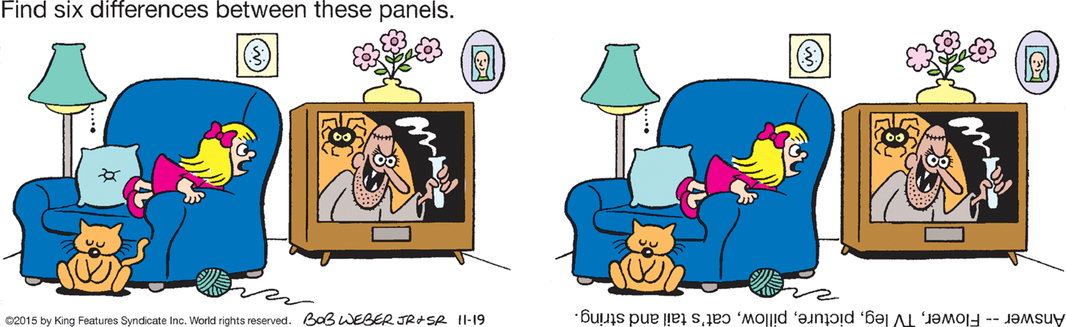Clip art OCR: Find six differences between these panels. ©2015 by King Features Syndicate Inc. World rights reserved. BaB WEBER JR+SR II-19 Answer -- Flowercat's tail and string. Find six differences between these panels. ©2015 by King Features Syndicate Inc. World rights reserved. BaB WEBER JR+SR II-19 Answer -- FlowerTV legcat's tail and string.