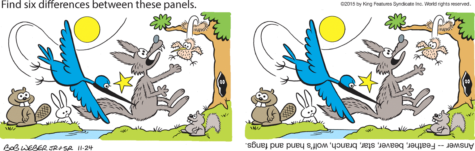 Wildlife OCR: Find six differences between these panels. ©2015 by King Features Syndicate Inc. World rights reserved. INI BaB WEBER JRISR II-24 Answer -- Featherwolf's hand and fangs. Find six differences between these panels. ©2015 by King Features Syndicate Inc. World rights reserved. INI BaB WEBER JRISR II-24 Answer -- Featherwolf's hand and fangs.