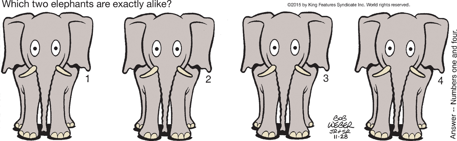 Liver OCR: Which two elephants are exactly alike? ©2015 by King Features Syndicate Inc. World rights reserved. 7.1 2 BOB WEBER JRISR Il-28 Answer- Numbers one and four Which two elephants are exactly alike? ©2015 by King Features Syndicate Inc. World rights reserved. 7.1 2 BOB WEBER JRISR Il-28 Answer- Numbers one and four