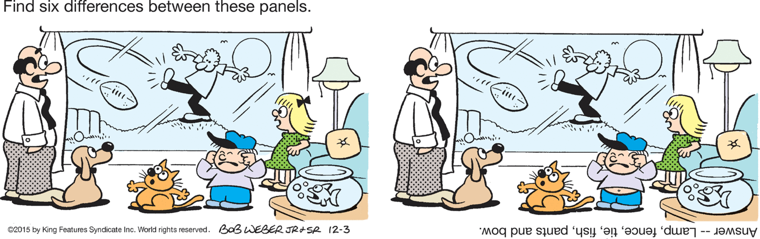 Drawing OCR: Find six differences between these panels. 02015 by King Features Syndicate Inc. World rights reserved. Baß WEBER JRASR 12-3 Answer -- Lamppants and bow. Find six differences between these panels. 02015 by King Features Syndicate Inc. World rights reserved. Baß WEBER JRASR 12-3 Answer -- Lamppants and bow.