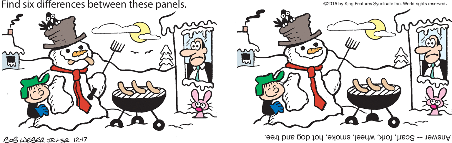 Drawing OCR: Find six differences between these panels. 02015 by King Features Syndicate Inc. World rights reserved. BoB WEBER JROSR 12-17 Answer -- Scarfhot dog and tree. Find six differences between these panels. 02015 by King Features Syndicate Inc. World rights reserved. BoB WEBER JROSR 12-17 Answer -- Scarfhot dog and tree.