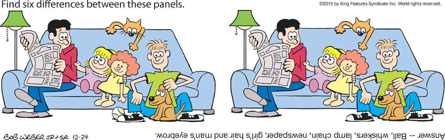 Organism OCR: Find six differences between these panels. 02015 by King Features Syndicate Inc. World rights reserved. BaB WEBER JRISR 12-24 Answer -- Ballgirl's hair and man's eyebrow. Find six differences between these panels. 02015 by King Features Syndicate Inc. World rights reserved. BaB WEBER JRISR 12-24 Answer -- Balllamp chaingirl's hair and man's eyebrow.