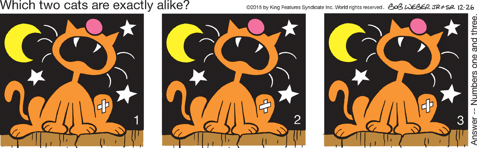 Graphics OCR: Which two cats are exactly alike? 02015 by King Features Syndicate Inc. World rights reserved. Baß WEBER JRASR I12-26 Which two cats are exactly alike? 02015 by King Features Syndicate Inc. World rights reserved. Baß WEBER JRASR I12-26