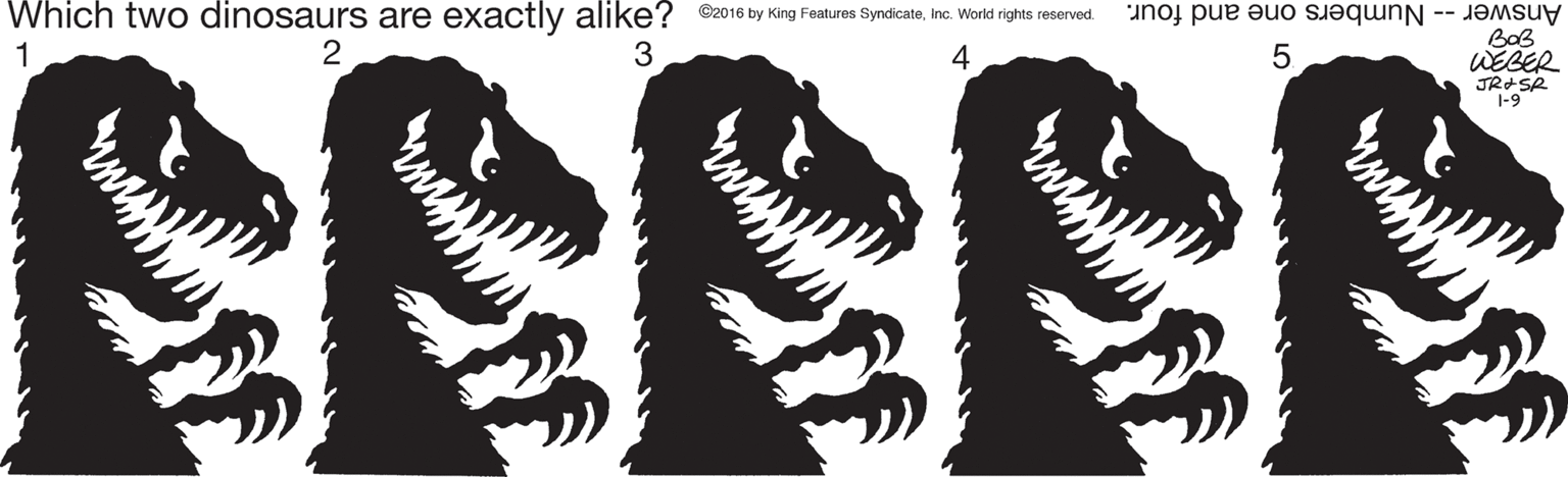 Adaptation OCR: Which two dinosaurs are exactly alike? ©2016 by King Features SyndicateInc. World rights reserved. Answer -- Numbers one and four. BoB WEBER JRISR 1-9 1 4 5. Which two dinosaurs are exactly alike? ©2016 by King Features SyndicateInc. World rights reserved. Answer -- Numbers one and four. BoB WEBER JRISR 1-9 1 4 5.