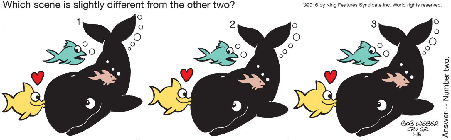 Drawing OCR: Which scene is slightly different from the other two? ©2016 by King Features Syndicate Inc. World rights reserved. 2 3 BaB WEBER 1-16 Answer -- Number two. Which scene is slightly different from the other two? ©2016 by King Features Syndicate Inc. World rights reserved. 2 3 BaB WEBER 1-16 Answer -- Number two.