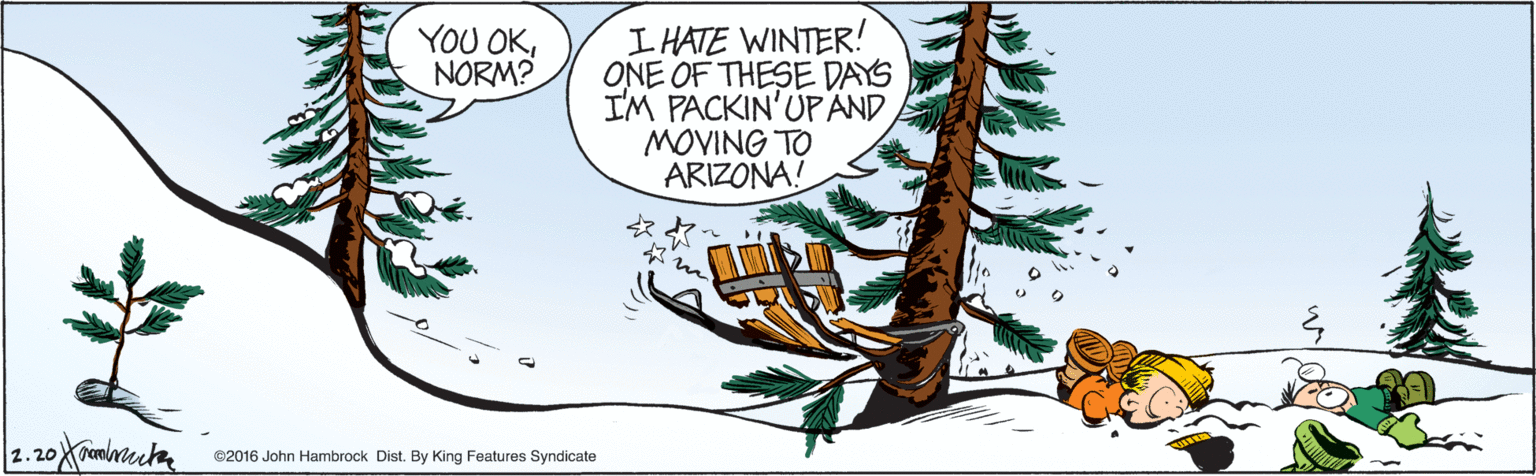 Rectangle OCR: I HATE WINTER! ONE OF THESE DAYS IM PACKIN'ÚPÄND MOVING TO ARIZONA! YOU OKNORM? 2.20 @2016 John Hambrock Dist. By King Features Syndicate I HATE WINTER! ONE OF THESE DAYS IM PACKIN'ÚPÄND MOVING TO ARIZONA! YOU OKNORM? 2.20 @2016 John Hambrock Dist. By King Features Syndicate
