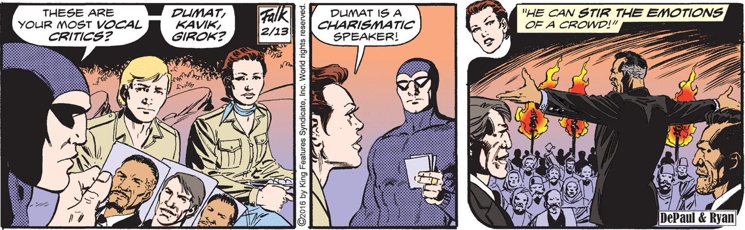 Comic book OCR: THESE ARE YOUR MOST VOCAL CRITICS? DUMATGIROK? Falk 2/13 DUMAT ISA CHARISMATIC SPEAKER! "HE CAN STIR THE EMOTIONS OF A CROND!" DePaul & Ryan THESE ARE YOUR MOST VOCAL CRITICS? DUMATGIROK? Falk 2/13 DUMAT ISA CHARISMATIC SPEAKER! "HE CAN STIR THE EMOTIONS OF A CROND!" DePaul & Ryan