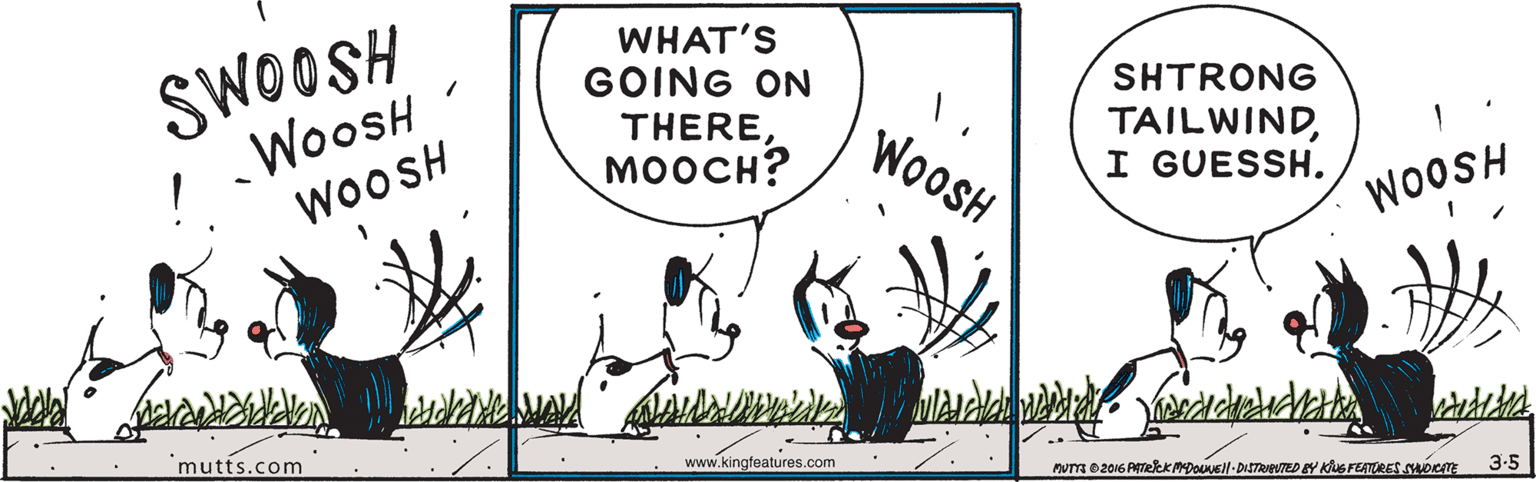 Line OCR: SWOOSH WHAT'S GOING ON WooSH WOOSH SHTRONG THERE?????? WOOSH TAILWINDI GUESSH. WOOSH ? ????? 'mutts.com www.kingfeatures.com 3-5 SWOOSH WHAT'S GOING ON WooSH WOOSH SHTRONG THERE?????? WOOSH TAILWINDI GUESSH. WOOSH ? ????? 'mutts.com www.kingfeatures.com 3-5