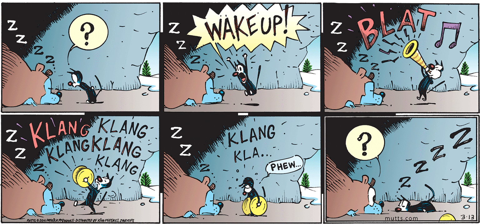 Illustration OCR: WAKEUP! ? 2. KLANGKLANG z KLANG KLANG KLA.. PHEW.. mutts.com 3:13 N N WAKEUP! ? 2. KLANGKLANG z KLANG KLANG KLA.. PHEW.. mutts.com 3:13 N N