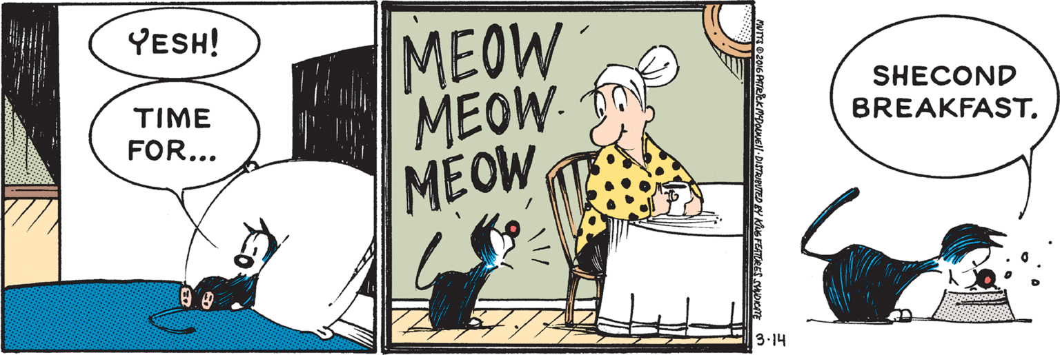 Art OCR: MEOW MEOW MEOW YESH! SHECOND TIME FOR... BREAKFAST. 3-14 MEOW MEOW MEOW YESH! SHECOND TIME FOR... BREAKFAST. 3-14