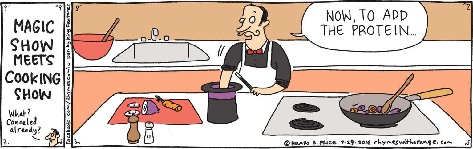 Animation OCR: NOWTO ADD THE PROTEIN. MAGIC SHOW MEETS COOKING %D MOHS What? Canceled already? O HILARI B. PRice 7-29.2016 rhymeswithorang e. com acebook.com/Rhymes NOWTO ADD THE PROTEIN. MAGIC SHOW MEETS COOKING %D MOHS What? Canceled already? O HILARI B. PRice 7-29.2016 rhymeswithorang e. com acebook.com/Rhymes