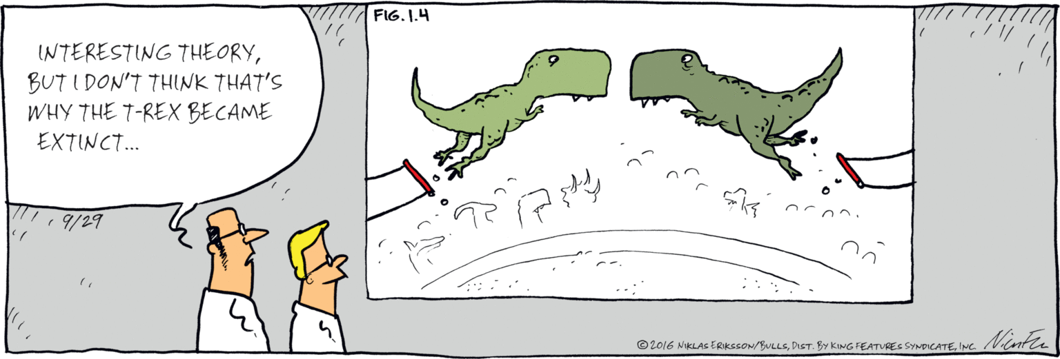 Rectangle OCR: INTERESTING THEORYBUT I DON'T THINK THAT'S WHY THE T-REX BECAME EXTINCT... FIG. 1.4 ©2016 NIKLASs ERIKSSON/BULLSINC. INTERESTING THEORYBUT I DON'T THINK THAT'S WHY THE T-REX BECAME EXTINCT... FIG. 1.4 ©2016 NIKLASs ERIKSSON/BULLSDIST. BY KING FEATURES SYNDICATE