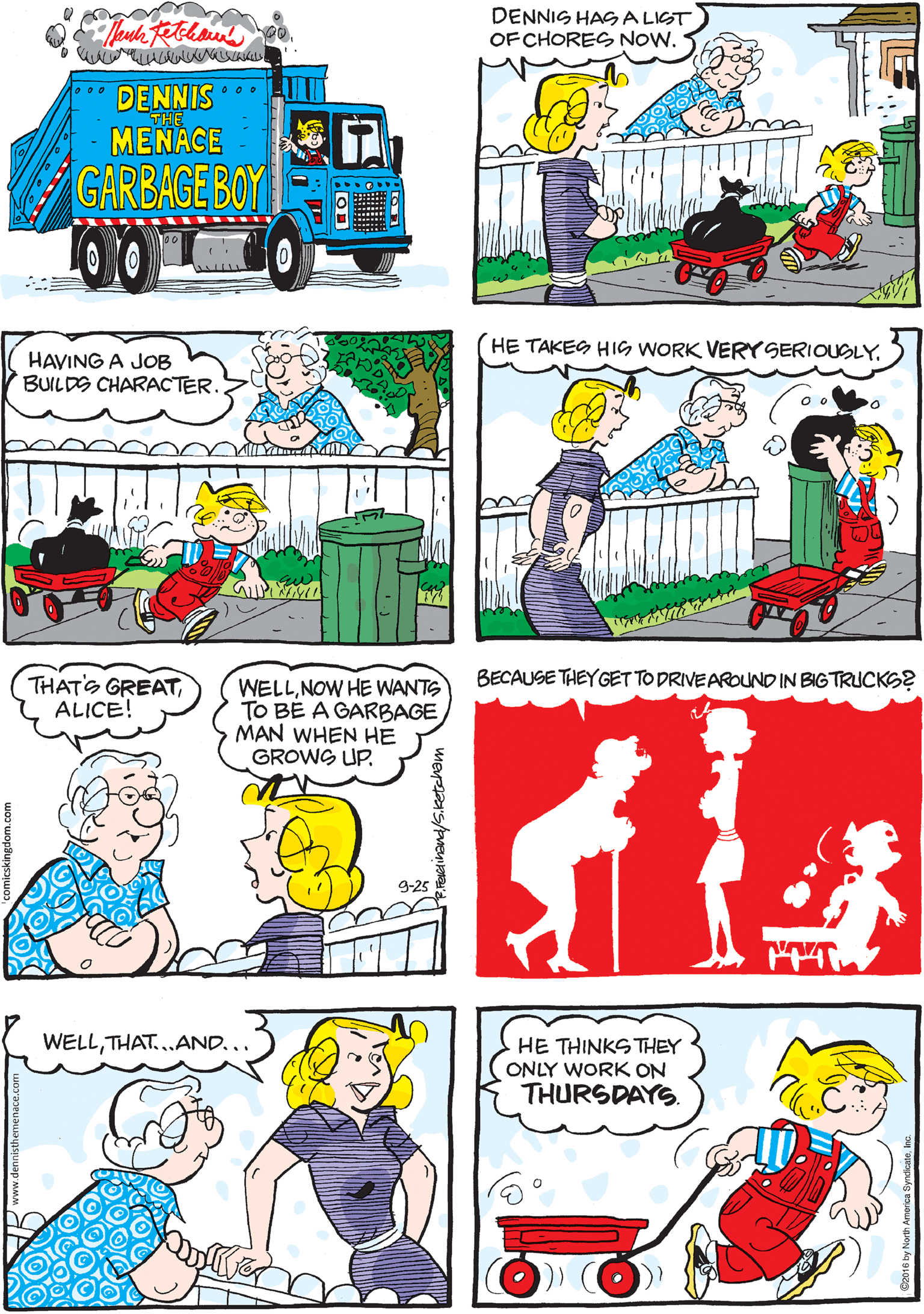 Font OCR: DENNIS HAGA LIST OF CHORES NOW. DENNIS THE MENACE GARBAGE BOY THAT'S GREATALICE! HE TAKES HIS WORK VERYSERIOUSLY. WELLNOW HE WANTS TO BE A GARBAGE MAN WHEN HE GROWS UP. HAVING A JOB BUILDS CHARACTER. 9-25 BECAUSE THEYGET TO DRIVEARDUND IN BIG TRUCKS? WELLTHAT..AND... HE THINKSTHEY ONLY WORK ON THURSDAYS. DENNIS HAGA LIST OF CHORES NOW. DENNIS THE MENACE GARBAGE BOY THAT'S GREATALICE! HE TAKES HIS WORK VERYSERIOUSLY. WELLNOW HE WANTS TO BE A GARBAGE MAN WHEN HE GROWS UP. HAVING A JOB BUILDS CHARACTER. 9-25 BECAUSE THEYGET TO DRIVEARDUND IN BIG TRUCKS? WELLTHAT..AND... HE THINKSTHEY ONLY WORK ON THURSDAYS.