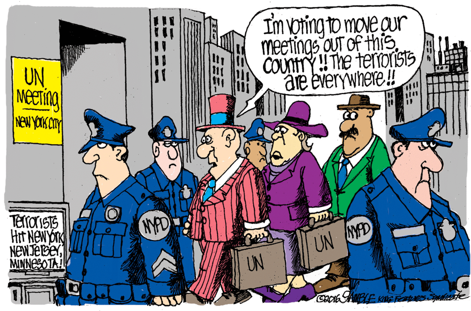 Illustration OCR: Im voring to move gur meetings ouT Of this COUNTTY ! The temorists are everywhere! UN Neeting New YOKK om NYPD Hit NeW OrK NEWJESEYMINNESOTA UN MYD UN ?? Im voring to move gur meetings ouT Of this COUNTTY ! The temorists are everywhere! UN Neeting New YOKK om NYPD Hit NeW OrK NEWJESEYMINNESOTA UN MYD UN ? ?