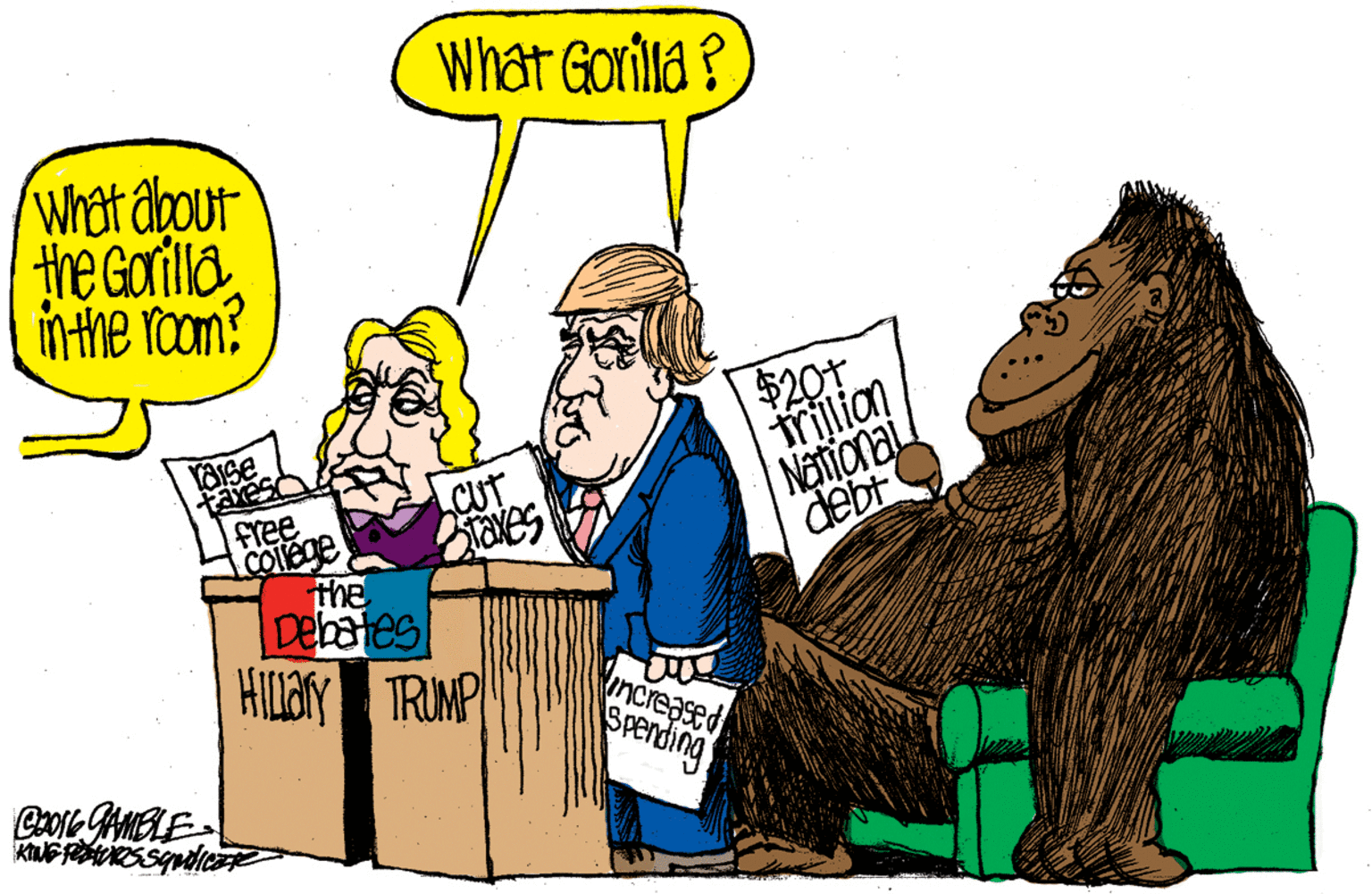 Conversation OCR: What Gorila ? Wrat about the Gorilla nthe room? $201 rillion CUT ves free debt Covege The Debates HILarY TRUMP ncreased Sperding Cro AMELE What Gorila ? Wrat about the Gorilla nthe room? $201 rillion CUT ves free debt Covege The Debates HILarY TRUMP ncreased Sperding Cro AMELE