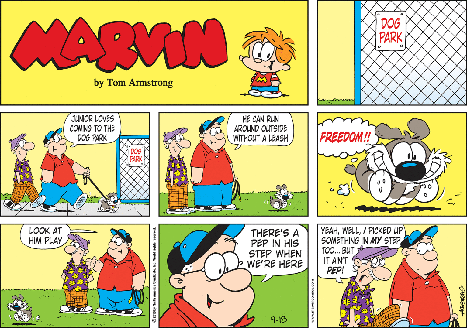 Fiction OCR: MARVIN DOG PARK by Tom Armstrong JUNIOR LOVES COMING TO THE DOG PARK HE CAN RUN AROUND OUTSIDE WITHOUT A LEASH FREEDOM! DOG PARK YEAH/ PICKED UP SOMETHING IN MY STEP TOO... BUT IT AIN'T PEP! LOOK AT HIM PLAY THERE'S A PEP IN HIS STEP WHEN WE'RE HERE 9-18 ©2016 by North America SyndicateInc. World rights reserved MARVIN DOG PARK by Tom Armstrong JUNIOR LOVES COMING TO THE DOG PARK HE CAN RUN AROUND OUTSIDE WITHOUT A LEASH FREEDOM! DOG PARK YEAH/ PICKED UP SOMETHING IN MY STEP TOO... BUT IT AIN'T PEP! LOOK AT HIM PLAY THERE'S A PEP IN HIS STEP WHEN WE'RE HERE 9-18 ©2016 by North America SyndicateInc. World rights reserved