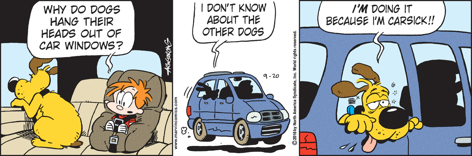 Line OCR: WHY DO DOGS HANG THEIR HEADS OUT OF CAR WINDOWS? I DON'T KNOW ABOUT THE OTHER DOGS I'M DOING IT BECAUSE I'M CARSICK!! 9-20 AMSTRONG .marvincomi Sby North America SyndicateInc. World rights reserved. WHY DO DOGS HANG THEIR HEADS OUT OF CAR WINDOWS? I DON'T KNOW ABOUT THE OTHER DOGS I'M DOING IT BECAUSE I'M CARSICK!! 9-20 AMSTRONG .marvincomi Sby North America SyndicateInc. World rights reserved.