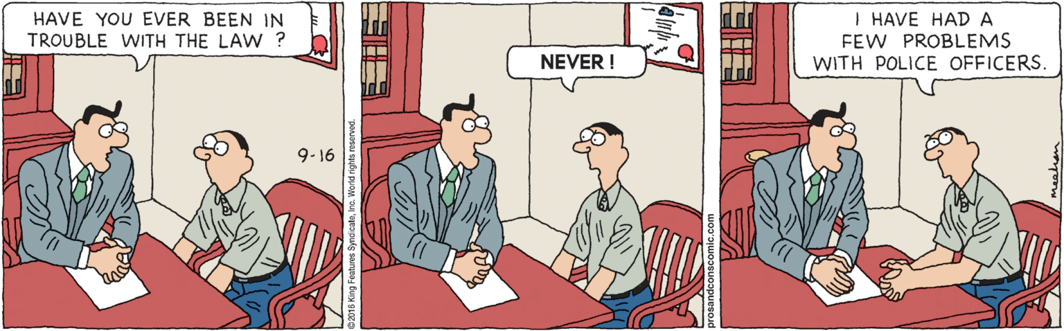 Fiction OCR: HAVE YOU EVER BEEN IN TROUBLE WITH THE LAW ? I HAVE HADA FEW PROBLEMS WITH POLICE OFFICERS. NEVER ! 9-16 HAVE YOU EVER BEEN IN TROUBLE WITH THE LAW ? I HAVE HADA FEW PROBLEMS WITH POLICE OFFICERS. NEVER ! 9-16