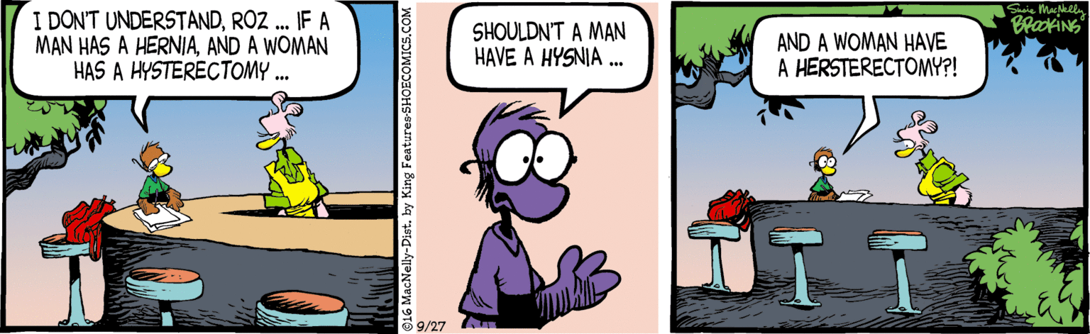 Illustration OCR: Suie MacNelly BrakiNS I DON'T UNDERSTANDROZ . IF A MAN HAS A HERNIAAND A WOMAN HAS A HYSTERECTOMY ... SHOULDN'T A MAN HAVE A HYSNIA . AND A WOMAN HAVE A HERSTERECTOMY?! 9/27 Suie MacNelly BrakiNS I DON'T UNDERSTANDROZ . IF A MAN HAS A HERNIAAND A WOMAN HAS A HYSTERECTOMY ... SHOULDN'T A MAN HAVE A HYSNIA . AND A WOMAN HAVE A HERSTERECTOMY?! 9/27