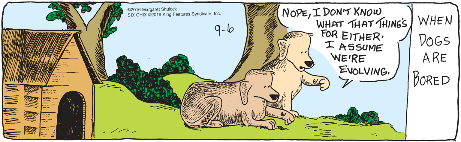 Line OCR: NOPEI DON'T KNOW WHAT THAT THING'S FOR EITHER. I ASSUME WE'RE EVOLVING. 9-6 WHEN DOGS ARE BORED ©2016 Margaret Shulock SIX CHIX ©2016 King Features SyndicateInc. NOPEI DON'T KNOW WHAT THAT THING'S FOR EITHER. I ASSUME WE'RE EVOLVING. 9-6 WHEN DOGS ARE BORED ©2016 Margaret Shulock SIX CHIX ©2016 King Features Syndicate