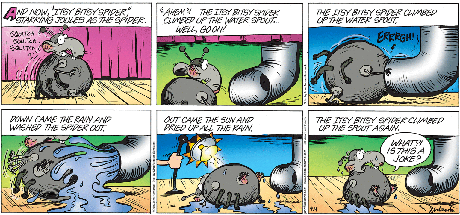 Adaptation OCR: AND NOW"ITSY BITSYSPIDER" STARRING JOULES AS THE SPÍDER. *AHEM5 THE ITSY BITSY SPIDER CLIMBED UP THE WATER SPOU7. WELLGOON! THE ITSY BITSY SPIDER CLIMBED UP THE WATER SPOUTSQUITCH SOUITCH SOUITCH ERRRGH! DOWN CAME THE RAIN AND WASHED THE SPIDER OUTOUT CAME THE SUN AND DRIED UP ALL THE RAINTHE ITSY BITSY SPIDER CLIMBED UP THE SPOUT AGAIN. WHAT?! IS THIS A JOKE? AND NOW"ITSY BITSYSPIDER" STARRING JOULES AS THE SPÍDER. *AHEM5 THE ITSY BITSY SPIDER CLIMBED UP THE WATER SPOU7. WELLGOON! THE ITSY BITSY SPIDER CLIMBED UP THE WATER SPOUTSQUITCH SOUITCH SOUITCH ERRRGH! DOWN CAME THE RAIN AND WASHED THE SPIDER OUTOUT CAME THE SUN AND DRIED UP ALL THE RAINTHE ITSY BITSY SPIDER CLIMBED UP THE SPOUT AGAIN. WHAT?! IS THIS A JOKE?