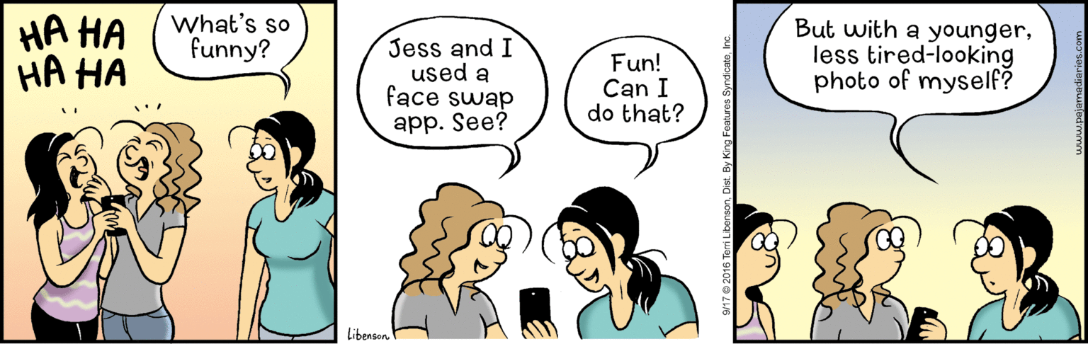 Happy OCR: HA HA HA HA What's so funny? Jess and I used a face swap app. See? Fun! Can I do that? But with a youngerless tired-looking photo of myself? Libenson HA HA HA HA What's so funny? Jess and I used a face swap app. See? Fun! Can I do that? But with a youngerless tired-looking photo of myself? Libenson