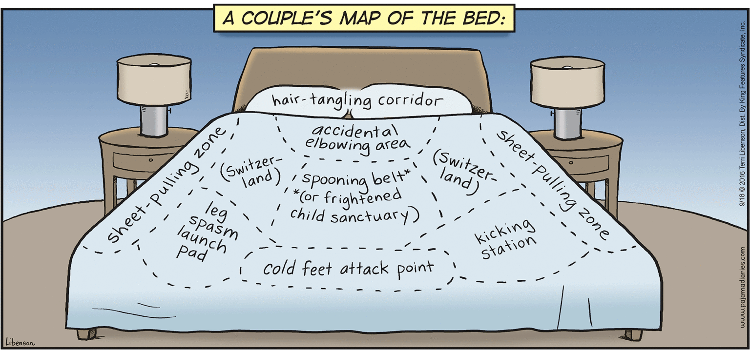 Drawing OCR: A COUPLE'S MAP OF THE BED: hair-tangling corridor accidental elbowing area ´(switzer- land) zone (Switzer-spooning belt* - - - leg spasm or frightened child sanctuary) sheet-pulling launch pad kicking station cold feet attack point Libenson. sheet-pulling zone ------- - --- A COUPLE'S MAP OF THE BED: hair-tangling corridor accidental elbowing area ´(switzer- land) zone (Switzer-spooning belt* - - - leg spasm or frightened child sanctuary) sheet-pulling launch pad kicking station cold feet attack point Libenson. sheet-pulling zone ------- - ---