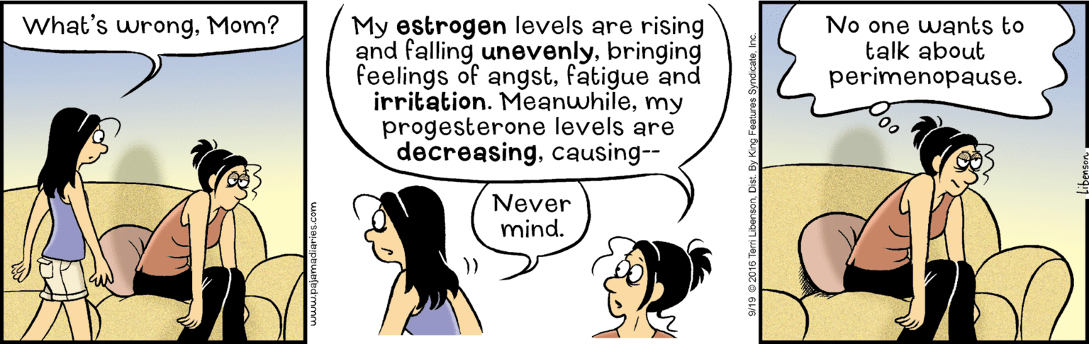 Font OCR: What's wrongMom? My estrogen levels are rising and falling unevenlybringing feelings of angstfatigue and irritation. Meanwhilemy progesterone levels are decreasingcausing-- No one wants to talk about perimenopause. Never mind. )) 9/19 2016 Terri Libe What's wrongMom? My estrogen levels are rising and falling unevenlybringing feelings of angstfatigue and irritation. Meanwhilemy progesterone levels are decreasingcausing-- No one wants to talk about perimenopause. Never mind. )) 9/19 2016 Terri Libe
