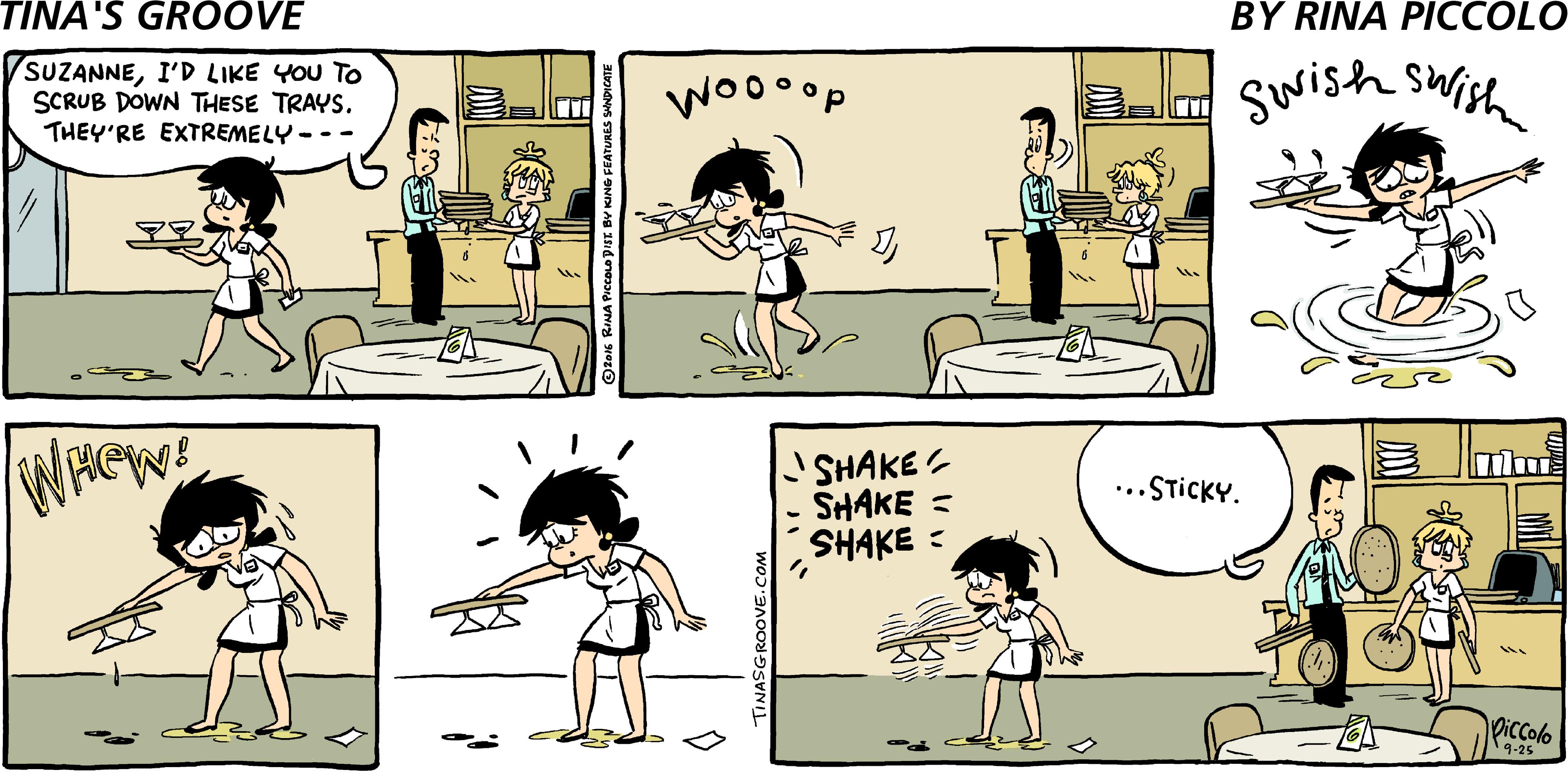Interaction OCR: SUZANNEI'D LIKE YOU TO SCRUB DOWN THESE TRAYS. THEY'RE EXTREMELY- - Swish swish Woooop WHEW? SHAKE - SHAKE = SHAKE : ...STicKY. Piccolo 14-25 SUZANNEI'D LIKE YOU TO SCRUB DOWN THESE TRAYS. THEY'RE EXTREMELY- - Swish swish Woooop WHEW? SHAKE - SHAKE = SHAKE : ...STicKY. Piccolo 14-25