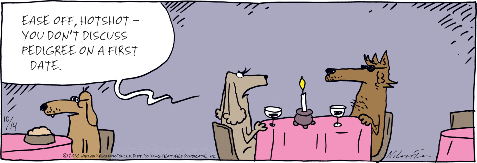 Paper OCR: EASE OFFHTSHOT - YOU DON'T DISCUSS PEDIGREE ON A FIRST DATE. O2016 NIKUASE/ BULLS PRESS.DISTRKING FEATURES SYNDICATE EASE OFFHTSHOT - YOU DON'T DISCUSS PEDIGREE ON A FIRST DATE. O2016 NIKUASE/ BULLS PRESS.DISTRKING FEATURES SYNDICATE