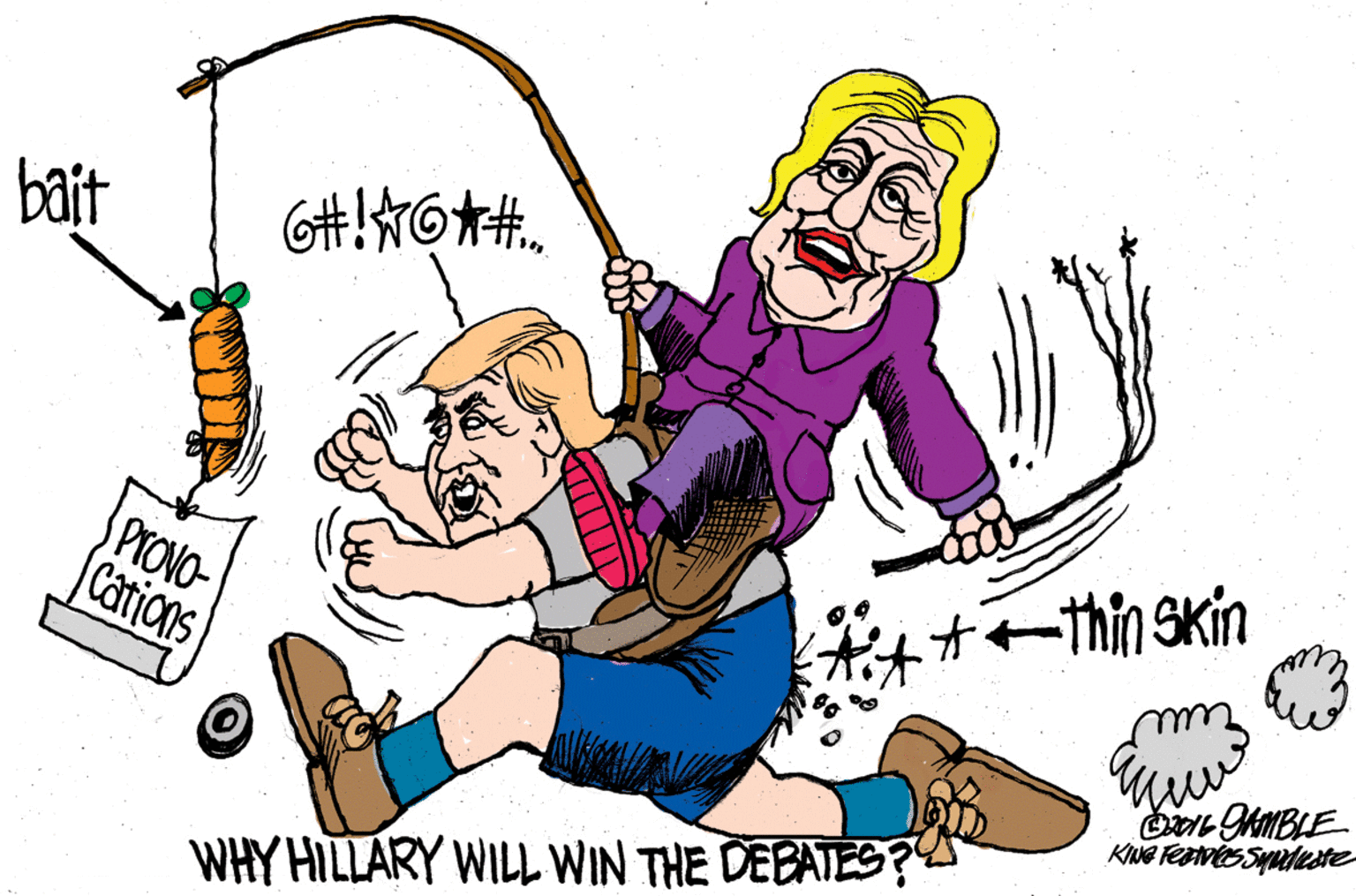 Line OCR: bait t+Thin SKin Provo- Cations KING FeaDESSMudeste WHY HILLARY WILL WIN THE DEBATES? bait t+Thin SKin Provo- Cations KING FeaDESSMudeste WHY HILLARY WILL WIN THE DEBATES?