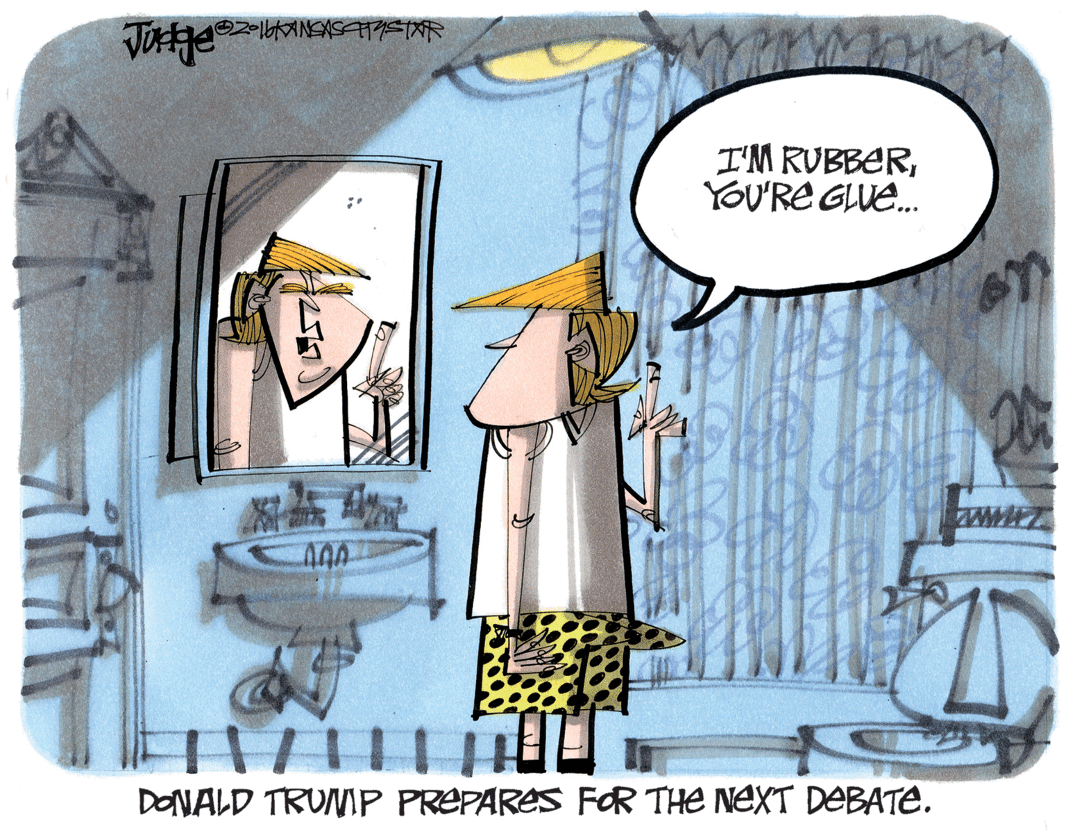 Painting OCR: ?ANSSTAR I'M RUBBERYOU'RE GLUE. www DONALD TRUMP PREPARES FR THE NEXT DEBATE. ? ANSSTAR I'M RUBBERYOU'RE GLUE. www DONALD TRUMP PREPARES FR THE NEXT DEBATE.