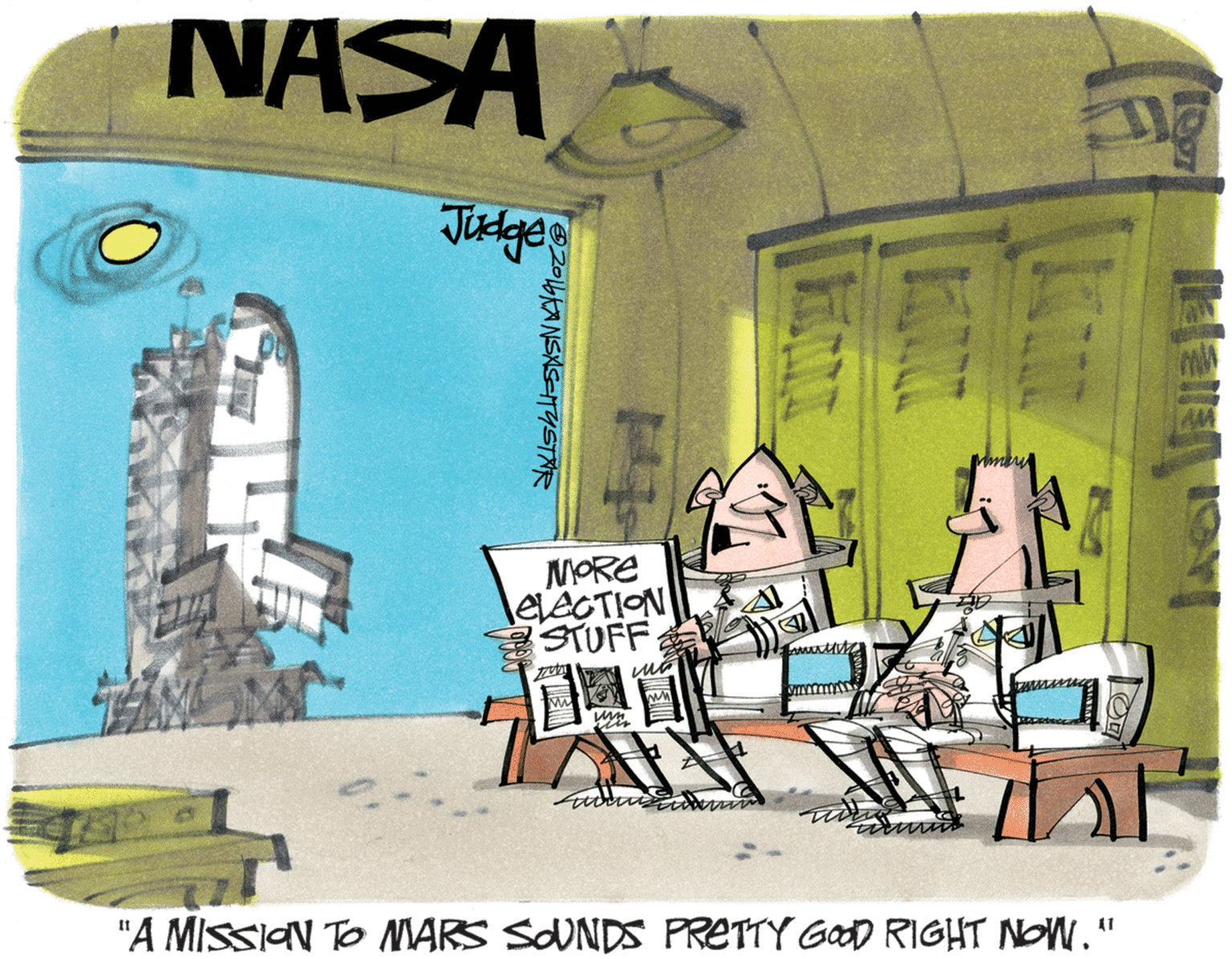 Drawing OCR: NASA MORE lelecTION STUFF muth "A MISSION To MARS SOUNDS PRETTY GaD RIGHT NOW." 11 KANSKSETYSTÄR NASA MORE lelecTION STUFF muth "A MISSION To MARS SOUNDS PRETTY GaD RIGHT NOW." 11 KANSKSETYSTÄR