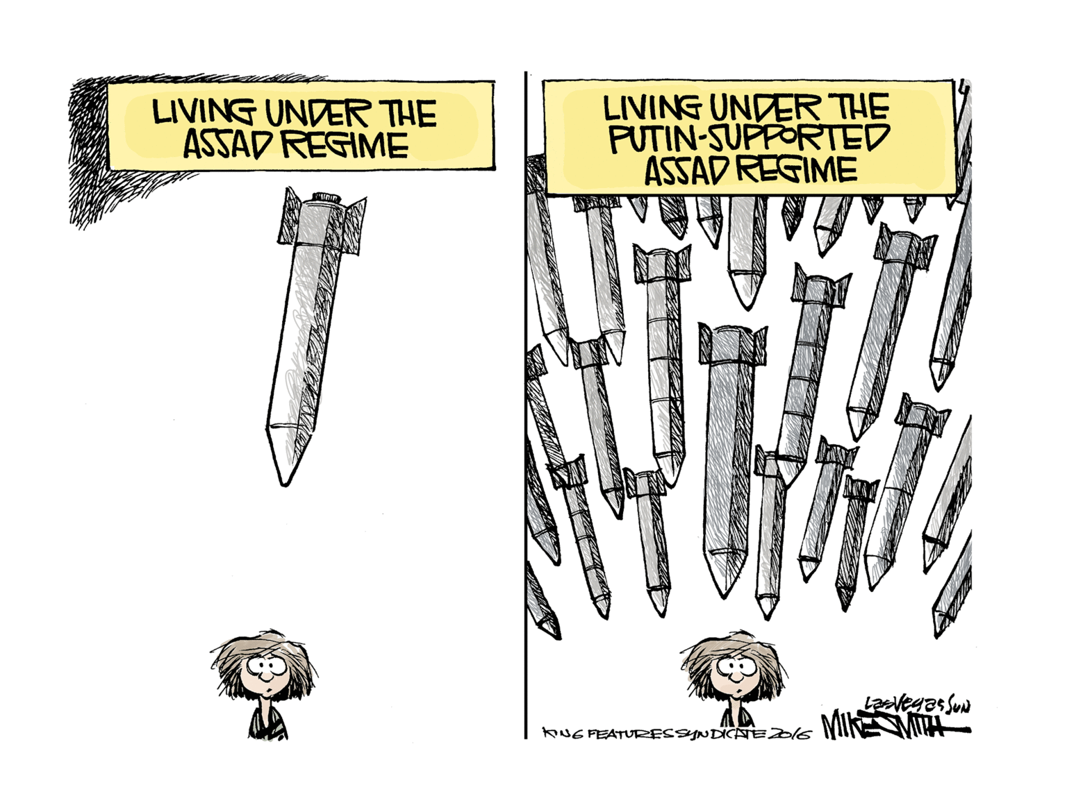 Drawing OCR: LIVING UNDER THE ASSAD REGIME LIVING UNDER THE PUTIN-SUPFORTED ASSAD REGIME vegas Sun KUG FEATURESSYNDICNEDI6 LIVING UNDER THE ASSAD REGIME LIVING UNDER THE PUTIN-SUPFORTED ASSAD REGIME vegas Sun KUG FEATURESSYNDICNEDI6