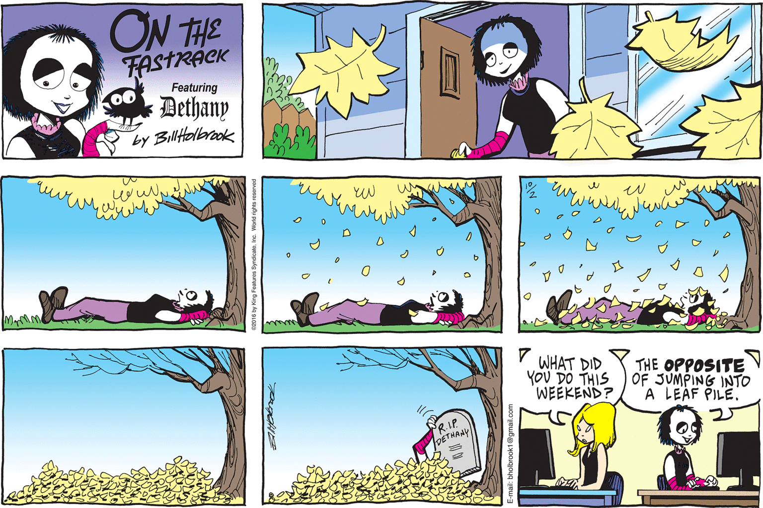 Graphics OCR: ON THE FASTRACK Dethany Featuring by Billtelbrook WHAT DID YOU DO THIS WEEKEND? THE OPPOSITE OF JUMPING INTO A LEAF PILE. R.IP DETHANY 2016 by King Foatures Syndicate mail: bholbrook1@gmail.com ON THE FASTRACK Dethany Featuring by Billtelbrook WHAT DID YOU DO THIS WEEKEND? THE OPPOSITE OF JUMPING INTO A LEAF PILE. R.IP DETHANY 2016 by King Foatures Syndicate mail: bholbrook1@gmail.com