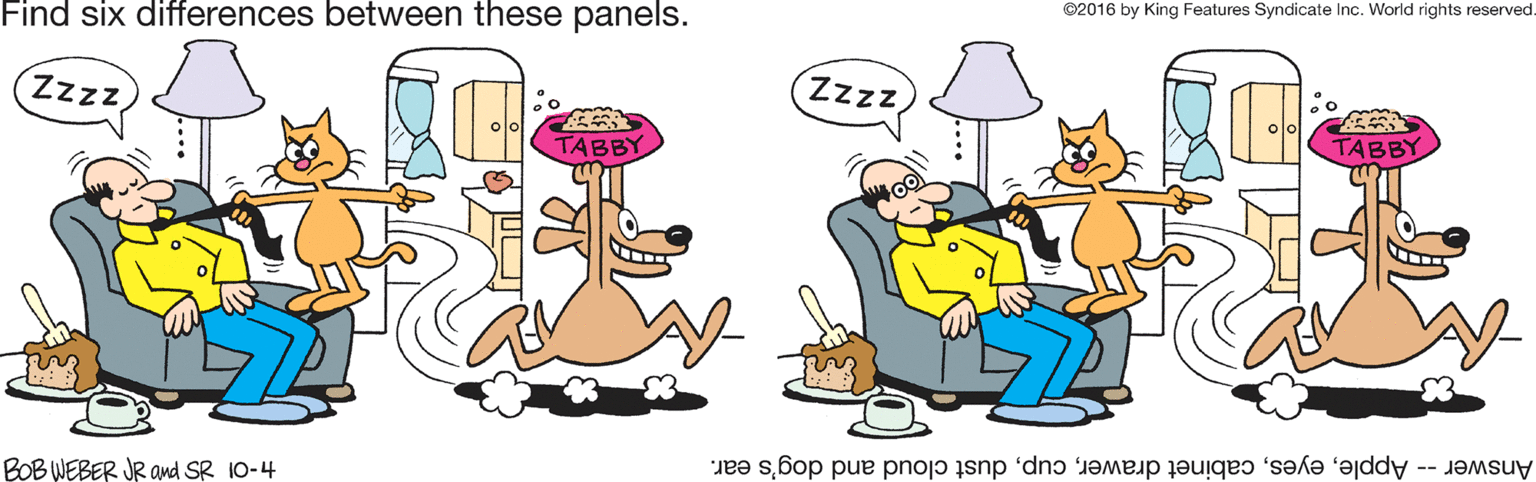 Animation OCR: ©2016 by King Features Syndicate Inc. World rights reserved Find six differences between these panels. Zzzz Zzzz TABBY TABBY Answer -- Appledust cloud and dog's ear. BOB WEBER JR and SR 10-4 ©2016 by King Features Syndicate Inc. World rights reserved Find six differences between these panels. Zzzz Zzzz TABBY TABBY Answer -- Applecabinet drawerdust cloud and dog's ear. BOB WEBER JR and SR 10-4