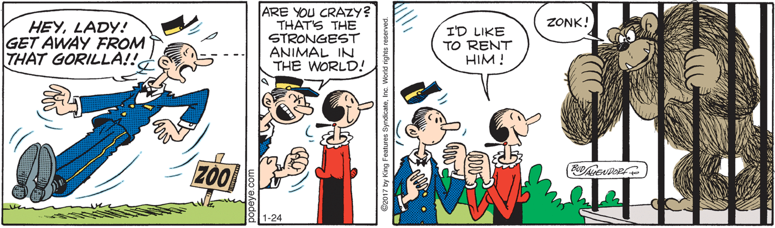 Cartoon OCR: ARE YOU CRAZY? THAT'S THE STRONGEST ANIMAL IN THE WORLD! ZONK! HEYLADY! GET AWAY FROM THAT GORILLA!! I'D LIKE TO RENT HIM ! Z00 BUDAGUDOR 1-24 @2017 by King Features SyndicateIm ARE YOU CRAZY? THAT'S THE STRONGEST ANIMAL IN THE WORLD! ZONK! HEYLADY! GET AWAY FROM THAT GORILLA!! I'D LIKE TO RENT HIM ! Z00 BUDAGUDOR 1-24 @2017 by King Features Syndicate
