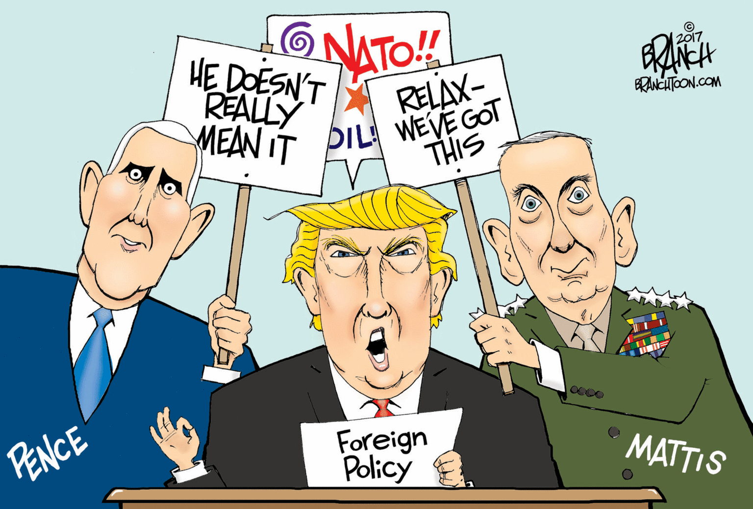 Conversation OCR: ONATO! HE DOESN'T REALLY MEAN IT 12017 RELAX- ERANCITOON.COM PIL WEVE GOT THIS PENCE Foreign Policy MATTIS ONATO! HE DOESN'T REALLY MEAN IT 12017 RELAX- ERANCITOON.COM PIL WEVE GOT THIS PENCE Foreign Policy MATTIS