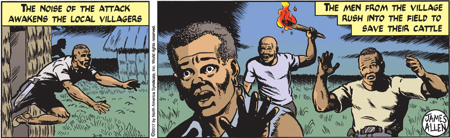 Fictional character OCR: THE NOISE OF THE ATTACK AWAKENS THE LOCAL VILLAGERS THE MEN FROM THE VILLAGE RUSH INTO THE FIELD TO SAVE THEIR CATTLE ?/ JAMES ALLEN THE NOISE OF THE ATTACK AWAKENS THE LOCAL VILLAGERS THE MEN FROM THE VILLAGE RUSH INTO THE FIELD TO SAVE THEIR CATTLE ? / JAMES ALLEN