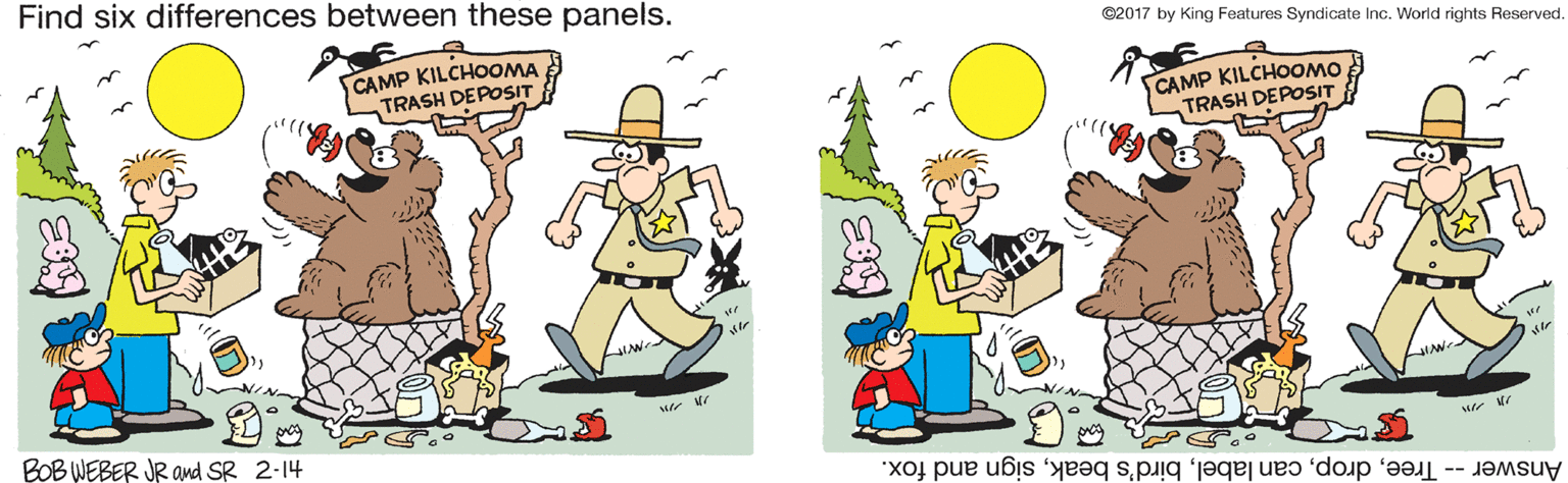 Plant OCR: Find six differences between these panels. ©2017 by King Features Syndicate Inc. World rights Reserved. CAMP KILCHOOMA. TRASH DEPOSIT CAMP KILCHOOMO TRASH DEPOSIT BOB WEBER JR Omd SR 2-14 Answer -- Treesign and fox. Find six differences between these panels. ©2017 by King Features Syndicate Inc. World rights Reserved. CAMP KILCHOOMA. TRASH DEPOSIT CAMP KILCHOOMO TRASH DEPOSIT BOB WEBER JR Omd SR 2-14 Answer -- Treecan labelbird's beaksign and fox.