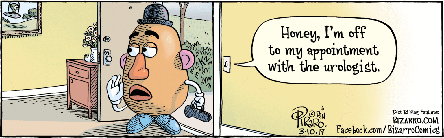Publication OCR: BIZARRO.COM Facebook.com/BizarroComies Dist Y King features HoneyI'm off to my appointment with the urologist. 3'10. 17 W. BIZARRO.COM Facebook.com/BizarroComies Dist Y King features HoneyI'm off to my appointment with the urologist. 3'10. 17 W.
