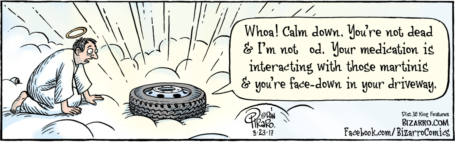Illustration OCR: BIZARRO.COM Facebook.com/BizarroComies Dist. 9 King Featuras Whoa! Calm down. You're not dead & I'm not God. Your medication is interacting with those martinis & you're face-down in your driveway. ODON HRARO. 3:23 17 BIZARRO.COM Facebook.com/BizarroComies Dist. 9 King Featuras Whoa! Calm down. You're not dead & I'm not God. Your medication is interacting with those martinis & you're face-down in your driveway. ODON HRARO. 3:23 17