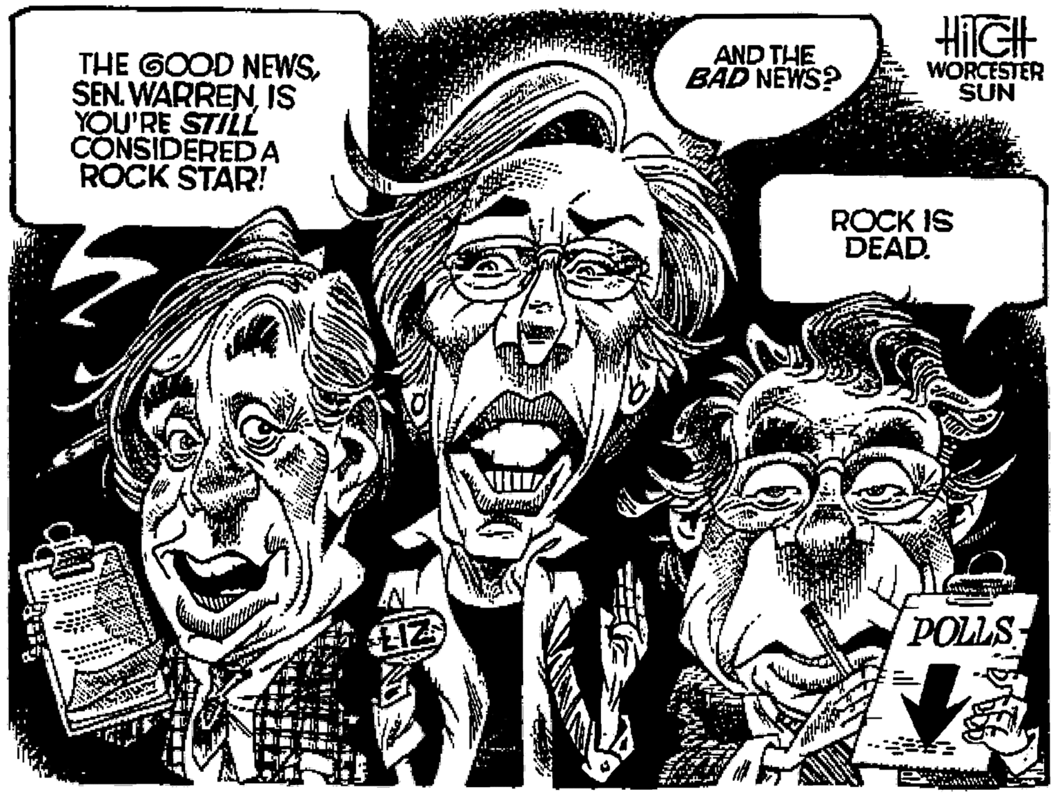 Style OCR: HIGH AND THE BAD NEWS? THE GOOD NEWSIS YOU'RE STILL CONSIDEREDA ROCK STAR! WORCESTER SUN ROCK IS DEAD. POLLS HIGH AND THE BAD NEWS? THE GOOD NEWSSEN. WARRENIS YOU'RE STILL CONSIDEREDA ROCK STAR! WORCESTER SUN ROCK IS DEAD. POLLS