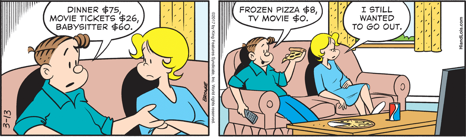 Art OCR: DINNER $75BABYSITTER $60. FROZEN PIZZA $8TV MOVIE $0. I STILL WANTED TO GO OUT. 3-13 HiandLois.com DINNER $75MOVIE TICKETS $26BABYSITTER $60. FROZEN PIZZA $8TV MOVIE $0. I STILL WANTED TO GO OUT. 3-13 HiandLois.com