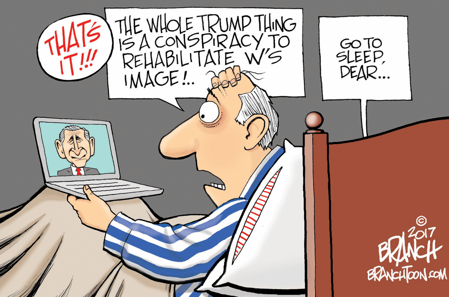 Drawing OCR: TUATS THE WOLE TRUMP TING ISA CONSPIRACY TO REHABILITATE W'S IMAGE!. GO TO SLEEPDEAR.. IT! 2017 ERANCHTON cOM TUATS THE WOLE TRUMP TING ISA CONSPIRACY TO REHABILITATE W'S IMAGE!. GO TO SLEEPDEAR.. IT! 2017 ERANCHTON cOM
