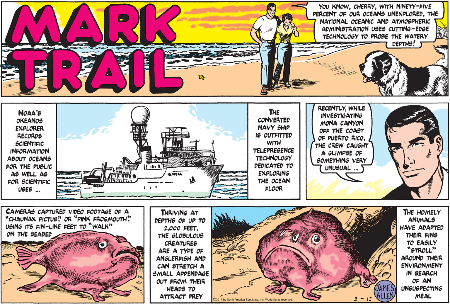 Pink OCR: MARK TRAIL YOU KNOWWITH NINETY-FIVE PERCENT OF OUR OCEANS UNEXPLOREDTHE NATIONAL OCEANIC AND ATMOSPHERIC ADMINISTRATION USES CUTTING-EDGE TECHNOLOGY TO PROBE THE WATERY DEPTHS! RECENTLYWHILE INVESTIGATING MONA CANYON OFF THE COAST OF PUERTO RICOTHE CREW CAUGHT A GLIMPSE OF SOMETHING VERY UNUSUAL . THE CONVERTED NAVY SHIP IS OUTFITTED NOAA'S OKEANOS EXPLORER RECORDS SCIENTIFIC INFORMATION ABOUT OCEANS FOR THE PUBLIC AS WELL AS FOR SCIENTIFIC USES . WITH TELEPRESENCE TECHNOLOGY DEDICATED TO EXPLORING THE OCEAN FLOOR NOAA CAMERAS CAPTURED VIDEO FOOTAGE OF A "CHAUNAX PICTUS" OR "PINK FROGMOUTH" USING ITS FIN-LIKE FEET TO "WALK" ON THE SEABED THRIVING AT DEPTHS OF UP TO 2THE GLOBULOUS CREATURES ARE A TYPE OF ANGLERFISH AND CAN STRETCH A SMALL APPENDAGE OUT FROM THEIR HEADS TO ATTRACT PREY THE HOMELY ANIMALS HAVE ADAPTED THEIR FINS TO EASILY "STROLL" AROUND THEIR ENVIRONMENT IN SEARCH OF AN JAMES UNSUSPECTING MEAL ALLEN C2017 by North America SyndicateWorld rights reserved. 3 - 12 MARK TRAIL YOU KNOWWITH NINETY-FIVE PERCENT OF OUR OCEANS UNEXPLOREDTHE NATIONAL OCEANIC AND ATMOSPHERIC ADMINISTRATION USES CUTTING-EDGE TECHNOLOGY TO PROBE THE WATERY DEPTHS! RECENTLYWHILE INVESTIGATING MONA CANYON OFF THE COAST OF PUERTO RICOTHE CREW CAUGHT A GLIMPSE OF SOMETHING VERY UNUSUAL . THE CONVERTED NAVY SHIP IS OUTFITTED NOAA'S OKEANOS EXPLORER RECORDS SCIENTIFIC INFORMATION ABOUT OCEANS FOR THE PUBLIC AS WELL AS FOR SCIENTIFIC USES . WITH TELEPRESENCE TECHNOLOGY DEDICATED TO EXPLORING THE OCEAN FLOOR NOAA CAMERAS CAPTURED VIDEO FOOTAGE OF A "CHAUNAX PICTUS" OR "PINK FROGMOUTH" USING ITS FIN-LIKE FEET TO "WALK" ON THE SEABED THRIVING AT DEPTHS OF UP TO 2000 FEETTHE GLOBULOUS CREATURES ARE A TYPE OF ANGLERFISH AND CAN STRETCH A SMALL APPENDAGE OUT FROM THEIR HEADS TO ATTRACT PREY THE HOMELY ANIMALS HAVE ADAPTED THEIR FINS TO EASILY "STROLL" AROUND THEIR ENVIRONMENT IN SEARCH OF AN JAMES UNSUSPECTING MEAL ALLEN C2017 by North America SyndicateWorld rights reserved. 3 - 12