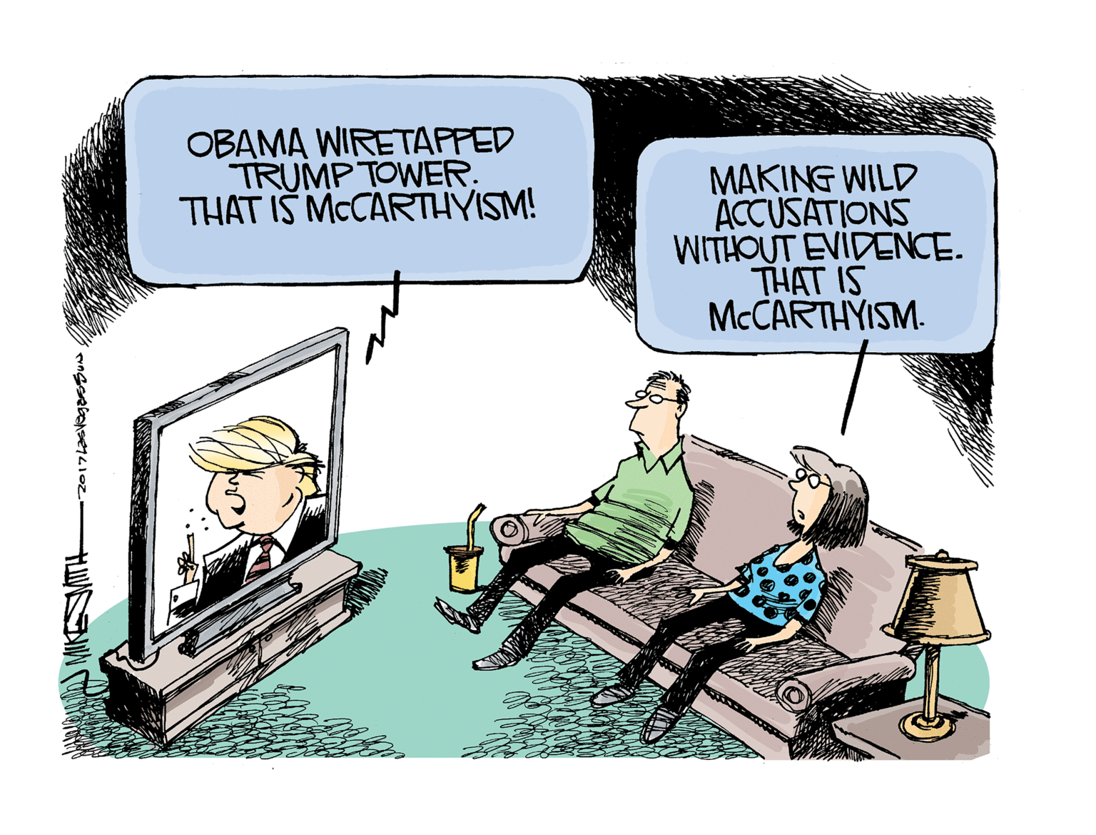 Fictional character OCR: OBAMA WIRETAPFED TRUMP TOWER. THAT IS MCCARTHYISM! MAKING WILD ACCUSATIONS WITHOUT EVIDENCE. THAT IS MCCARTHYISM. OBAMA WIRETAPFED TRUMP TOWER. THAT IS MCCARTHYISM! MAKING WILD ACCUSATIONS WITHOUT EVIDENCE. THAT IS MCCARTHYISM.