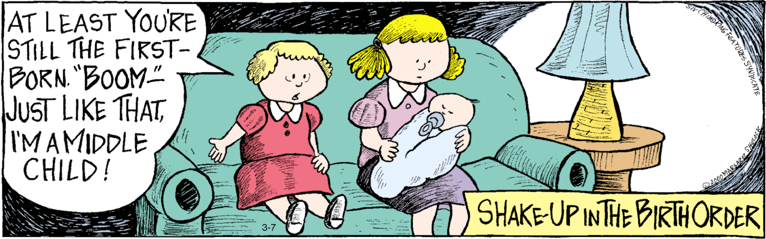 Pink OCR: AT LEAST YOU'RE STILL THE FIRST- BORN."BOOM" JUST LIKE THATI'M A MIDDLE CHILD! 3-7 O 2000 Margaret ShulockSIX CHIX O 2000 King Features SyndicateInc. Shake-up in the birth order. AT LEAST YOU'RE STILL THE FIRST- BORN."BOOM" JUST LIKE THATI'M A MIDDLE CHILD! 3-7 O 2000 Margaret ShulockSIX CHIX O 2000 King Features SyndicateInc. Shake-up in the birth order.